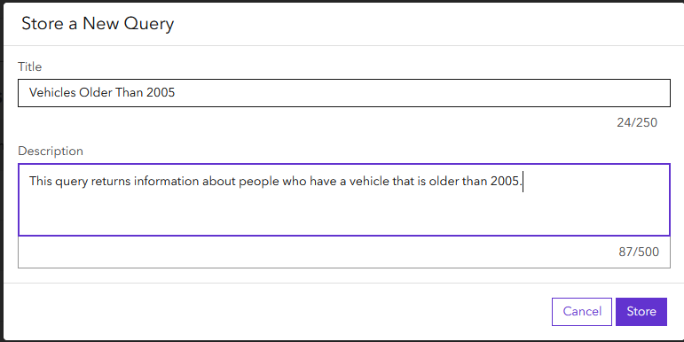 Store Query modal Store Query modal